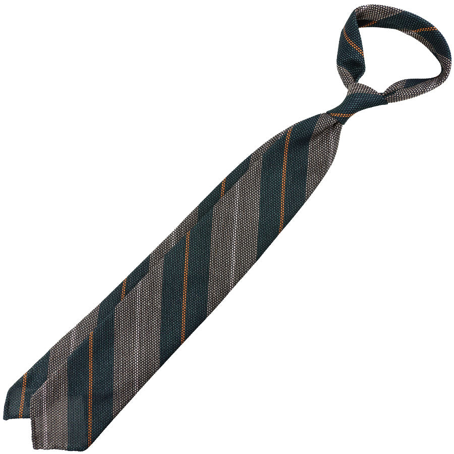 Striped Fina Grenadine Silk / Linen Tie - Forest / Beige