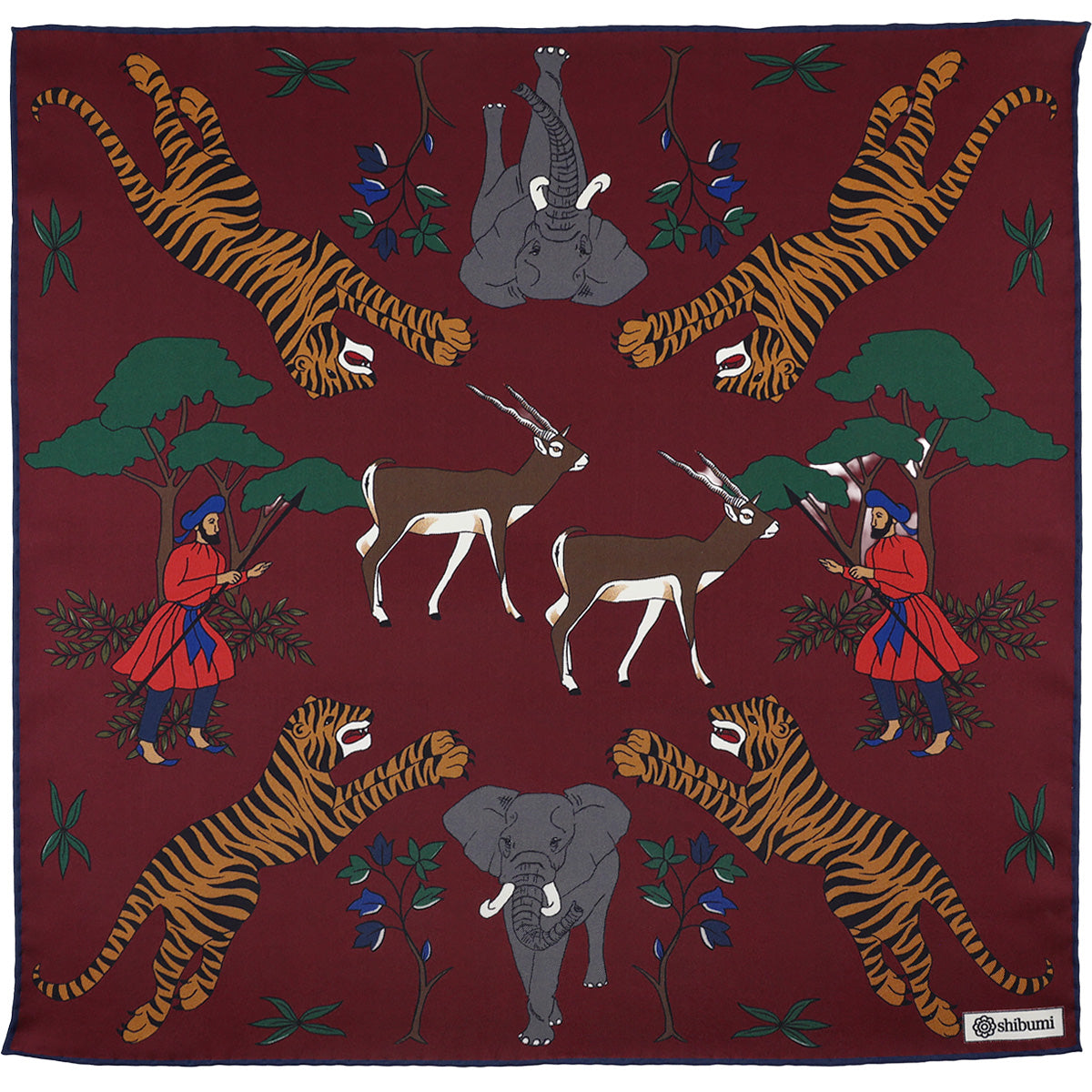Animal Motif Silk Pocket Square - Burgundy - 40x40cm
