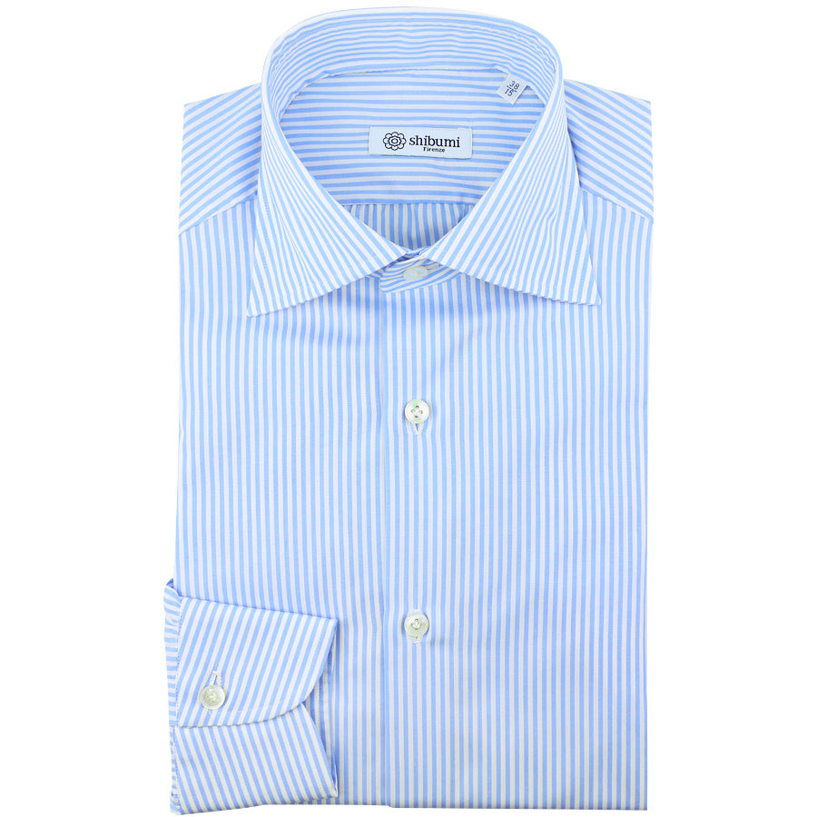 Poplin Semi Spread Shirt - White / Sky Blue - Pencil Stripe