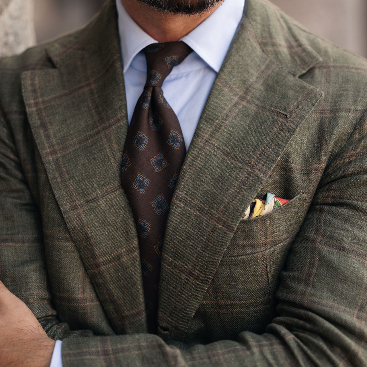 Floral Printed Silk / Wool Tie - Chocolate - Hand-Rolled