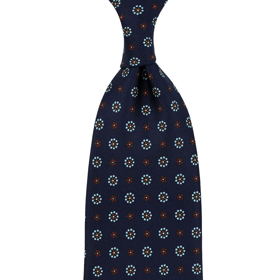 50oz Floral Printed Silk Tie - Navy - Hand-Rolled