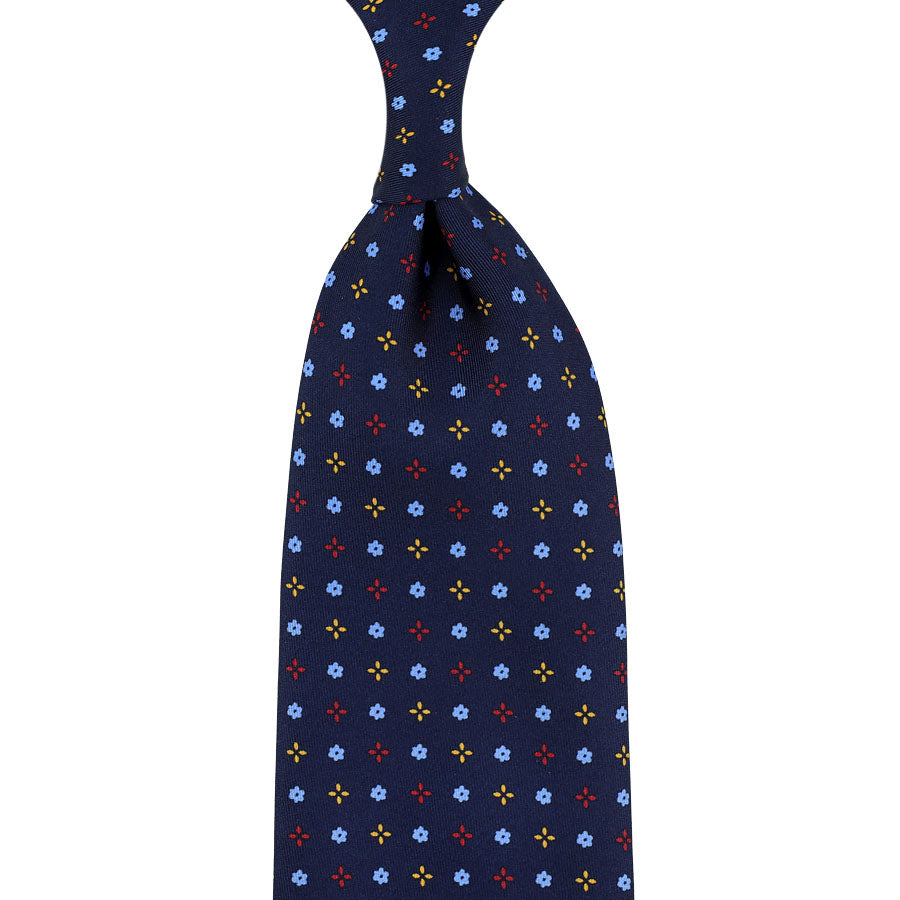 Vintage Printed Silk Tie - Navy - Hand-Rolled