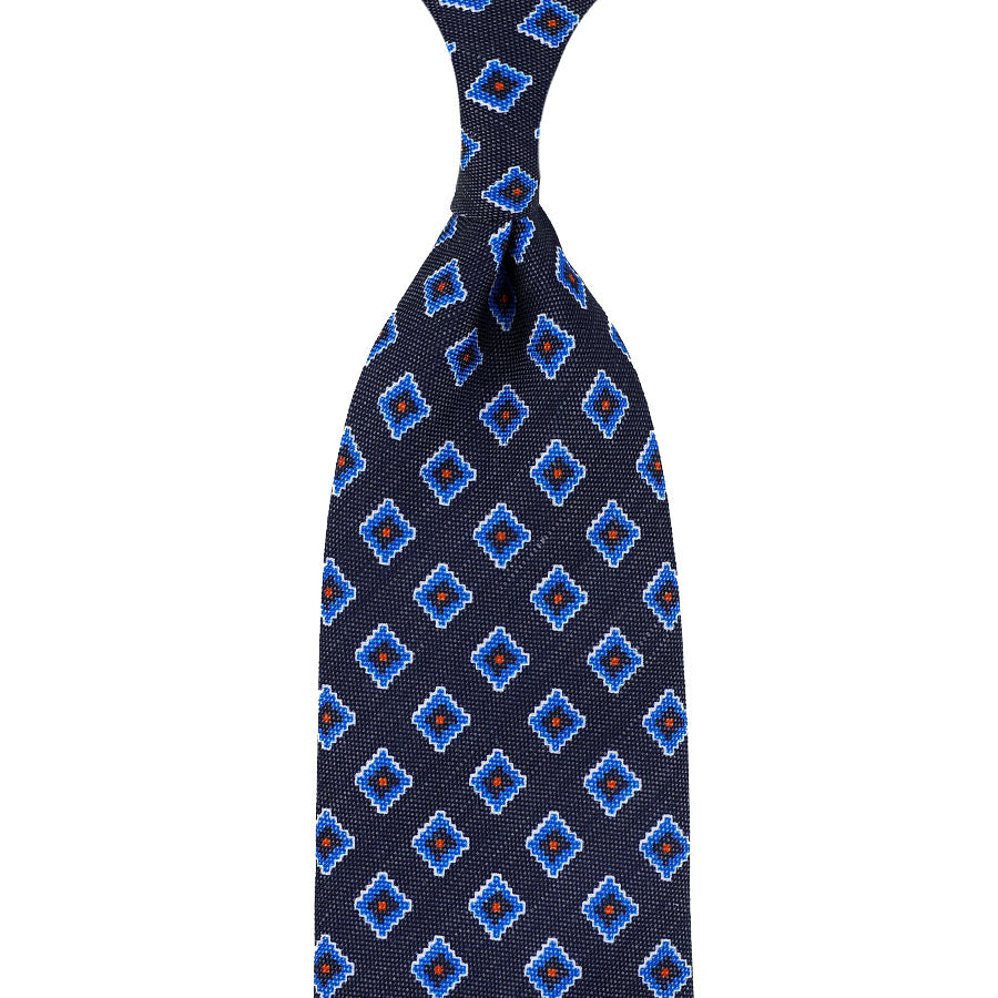 Floral Printed Silk / Linen Tie - Navy - Hand-Rolled