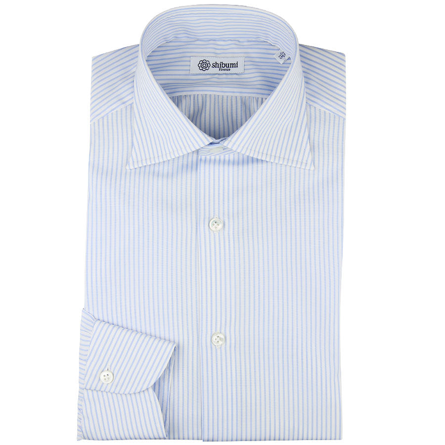 Striped Poplin Semi Spread Shirt - White / Light Blue - Regular Fit