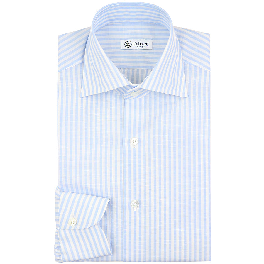 Cotton / Linen Semi Spread Shirt - White / Sky Blue - Butcher Stripe