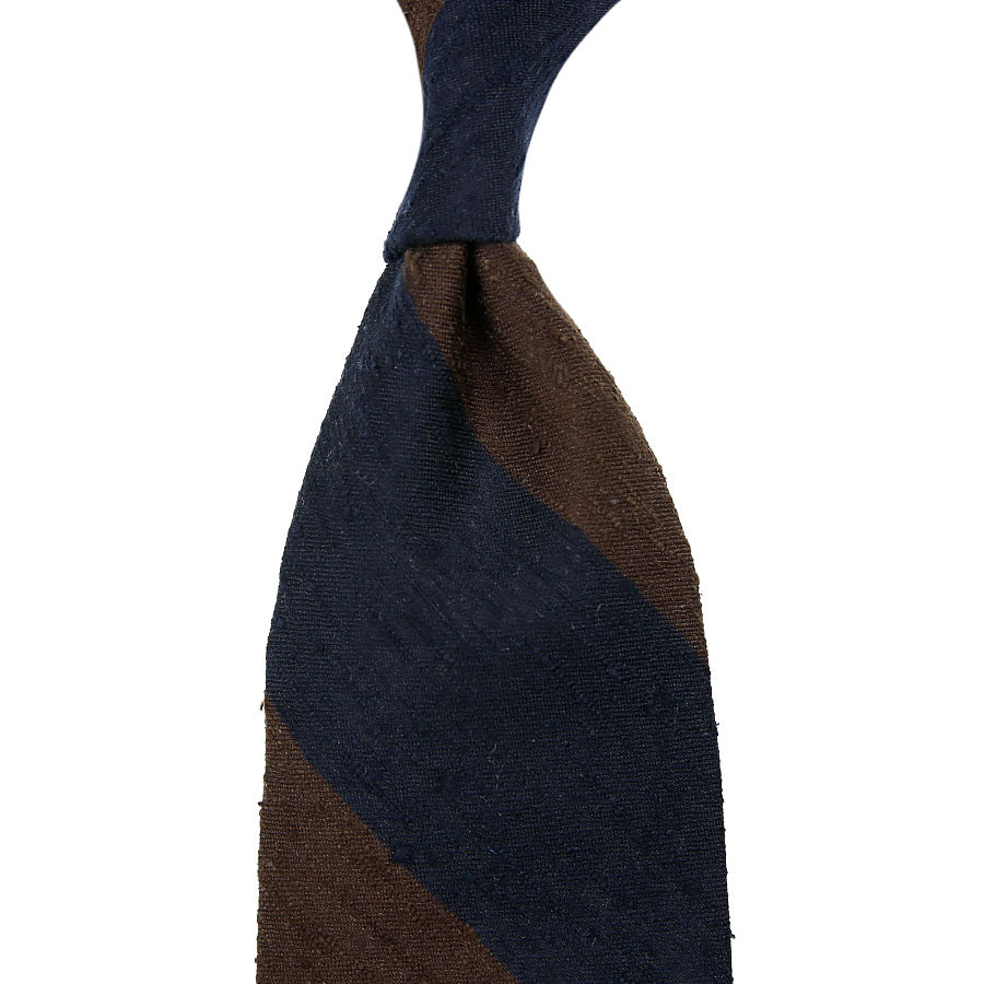 Block Stripe Shantung Silk Tie - Navy / Brown - Hand-Rolled