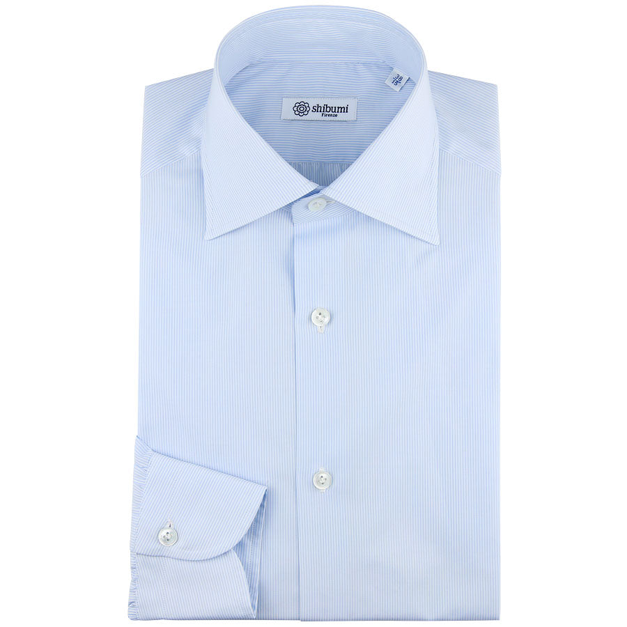 Poplin Semi Spread Shirt - White / Skye Blue - Hairline Stripe