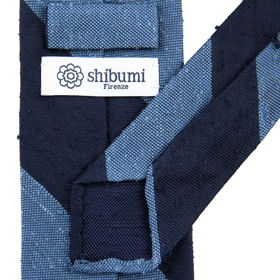 Block Stripe Soft Shantung Silk Tie - Navy / Blue - Hand-Rolled
