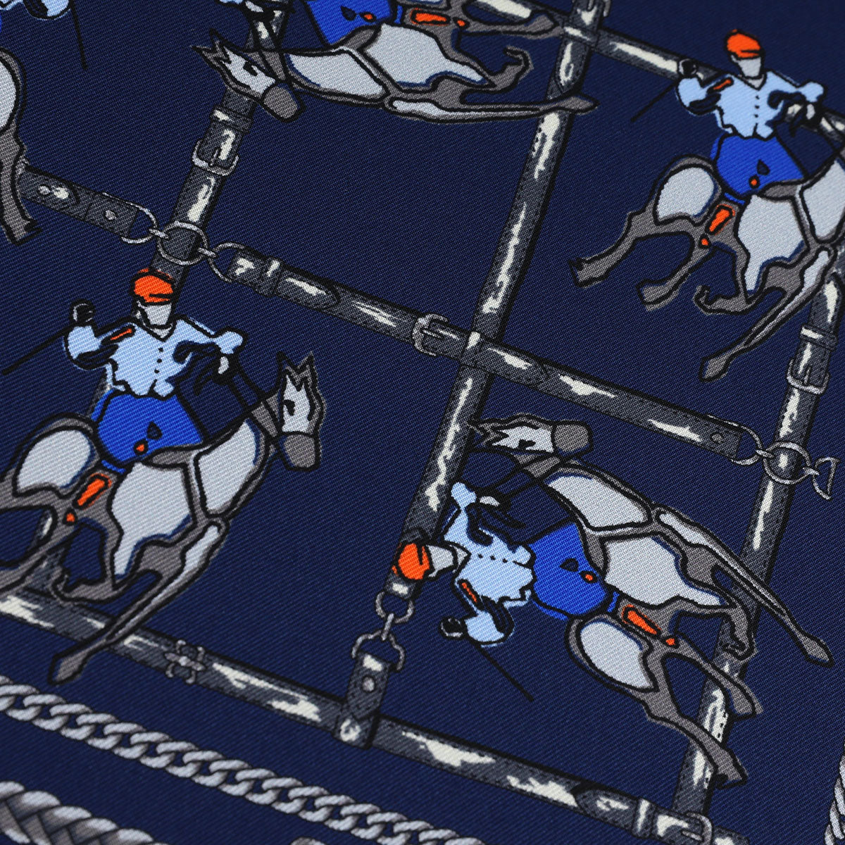 Equestrian Motif Silk Pocket Square - Navy - 40x40cm