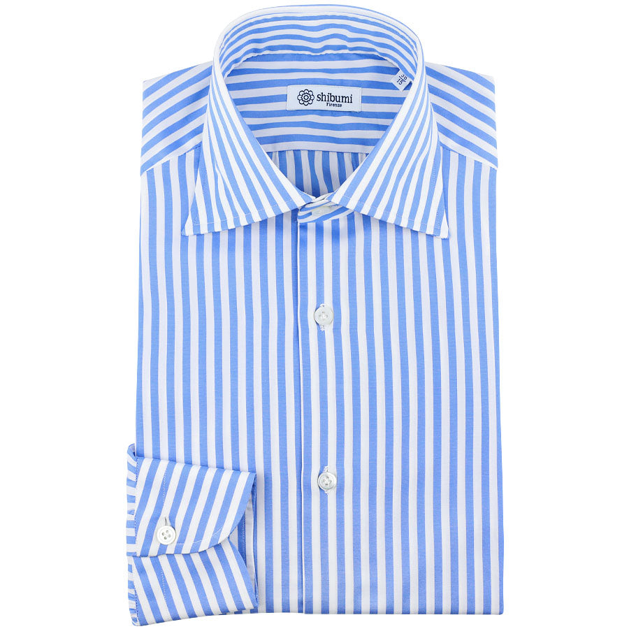 Poplin Semi Spread Shirt - White / Blue - Bengal Stripe