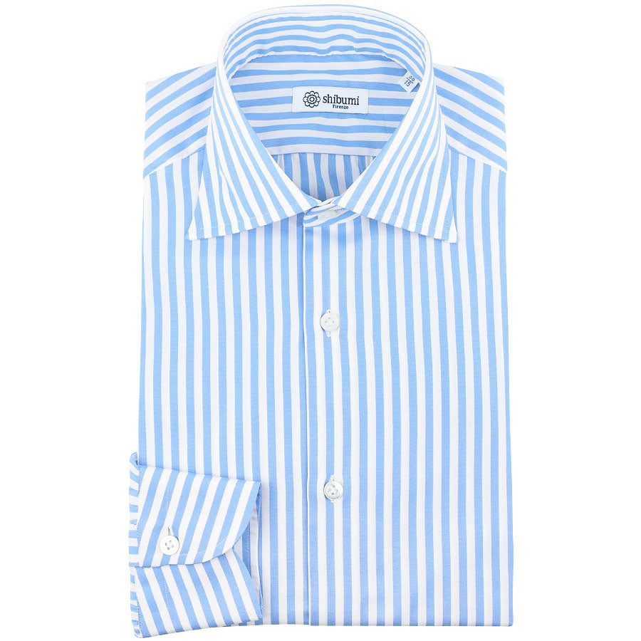 Poplin Semi Spread Shirt - White / Blue - Butcher Stripe