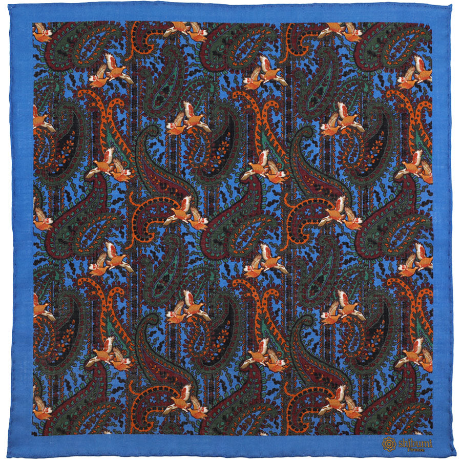 Paisley Motif Wool / Silk Pocket Square - Madder Blue