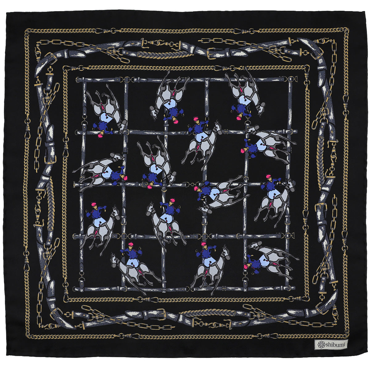 Equestrian Motif Silk Pocket Square - Black - 40x40cm