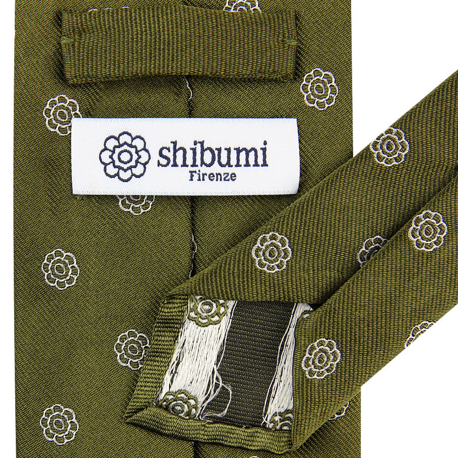 Shibumi-Flower Jacquard Silk Tie - Olive - Hand-Rolled
