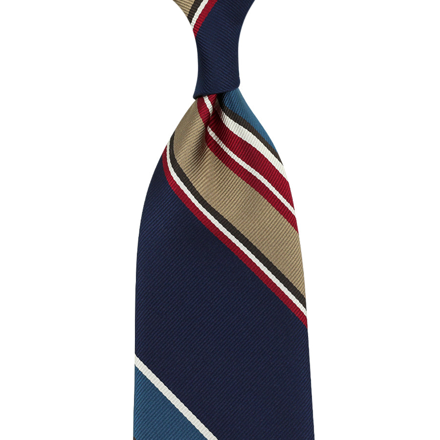 Japanese Repp Stripe Silk Tie - Navy / Beige / Steel Blue