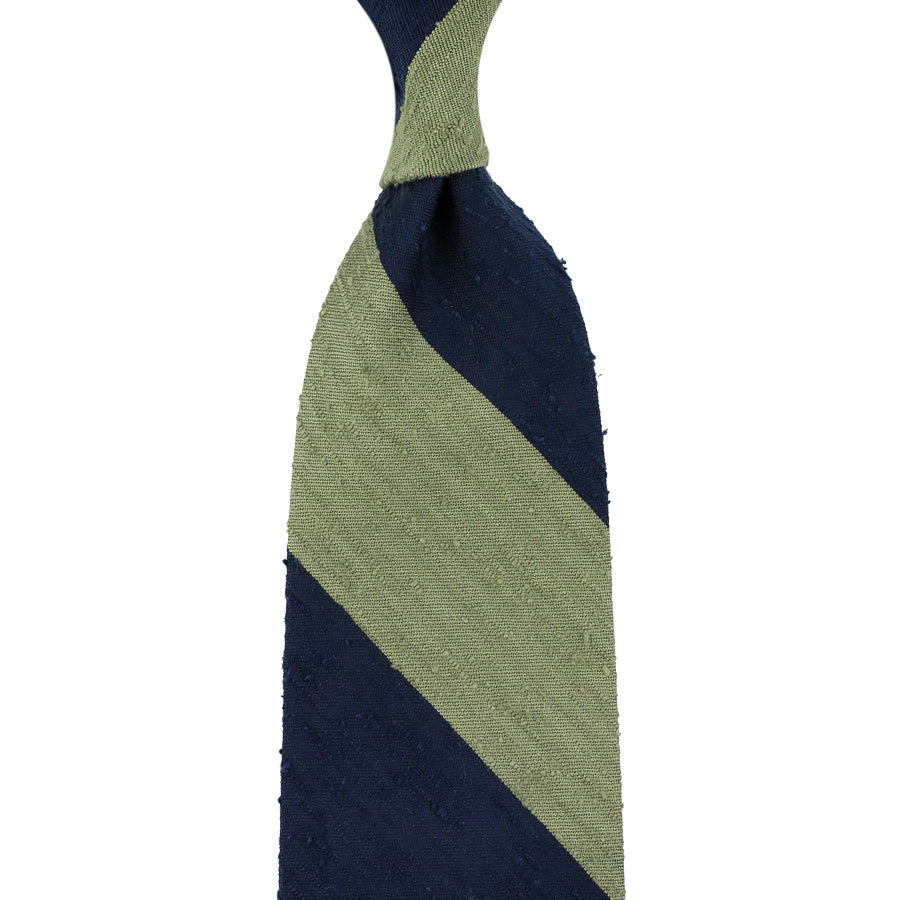 Block Stripe Shantung Silk Tie - Navy / Olive - Hand-Rolled