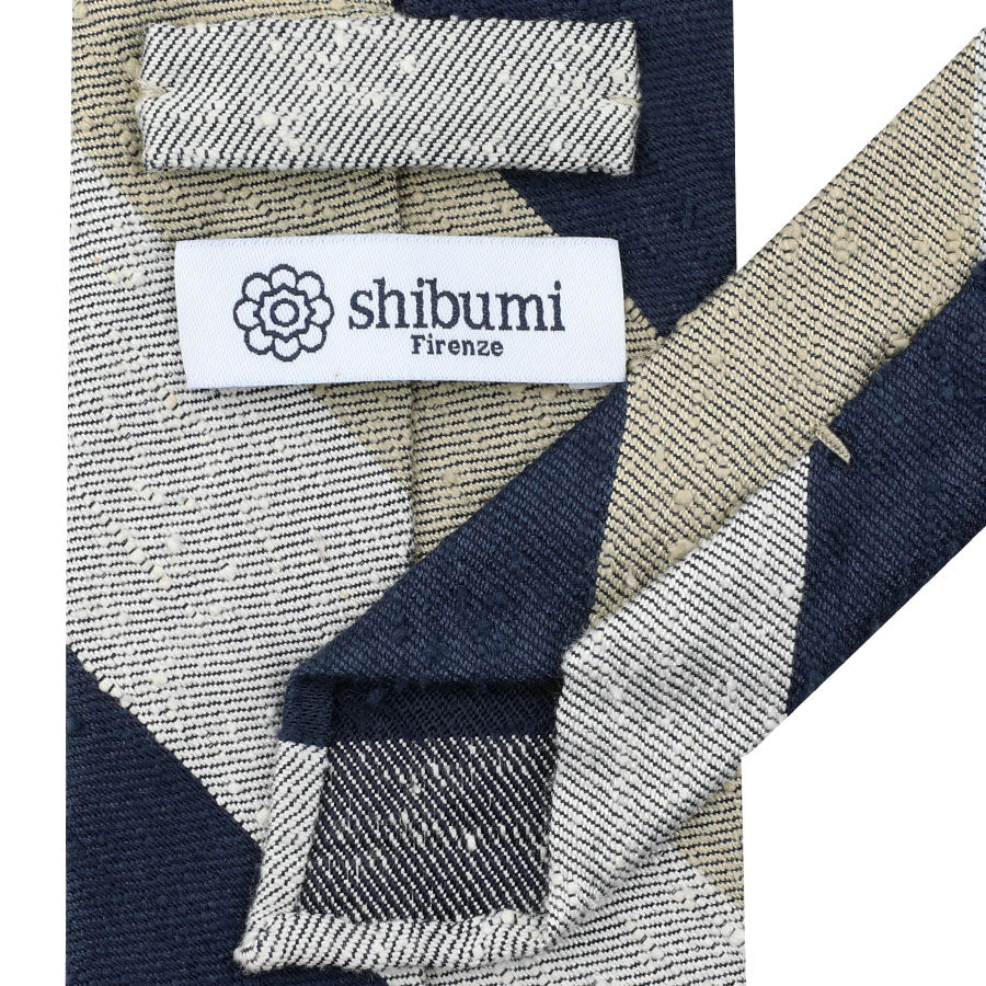 Triple Block Stripe Shantung Silk Tie - Navy / Beige / White