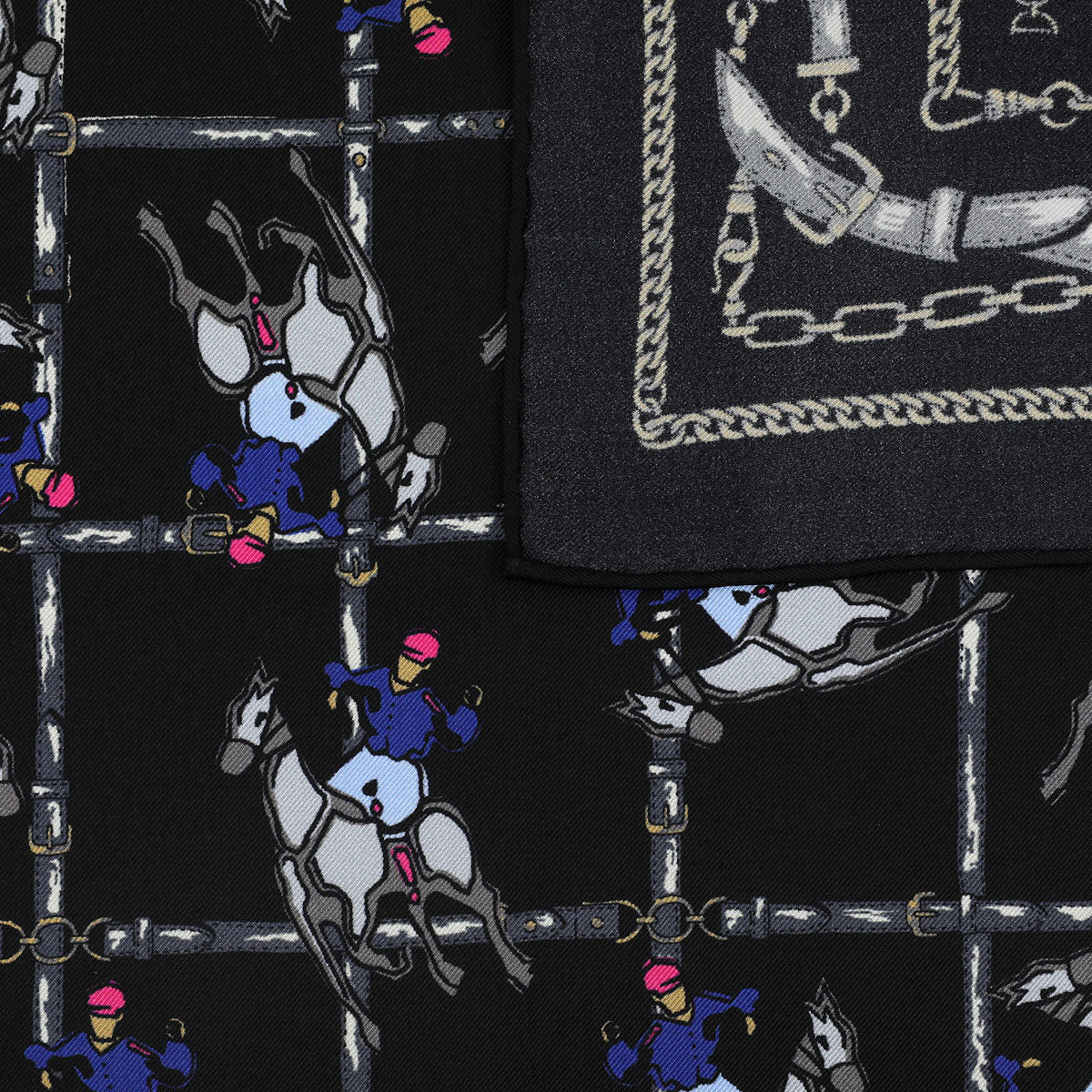 Equestrian Motif Silk Pocket Square - Black - 40x40cm