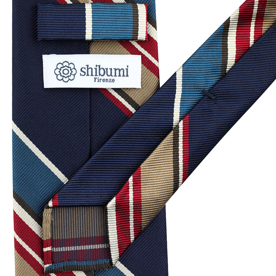 Japanese Repp Stripe Silk Tie - Navy / Beige / Steel Blue