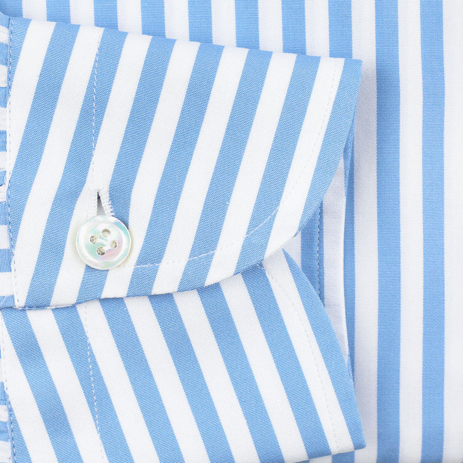 Poplin Semi Spread Shirt - White / Blue - Butcher Stripe