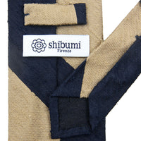 Block Stripe Shantung Silk Tie - Navy / Cream - Hand-Rolled