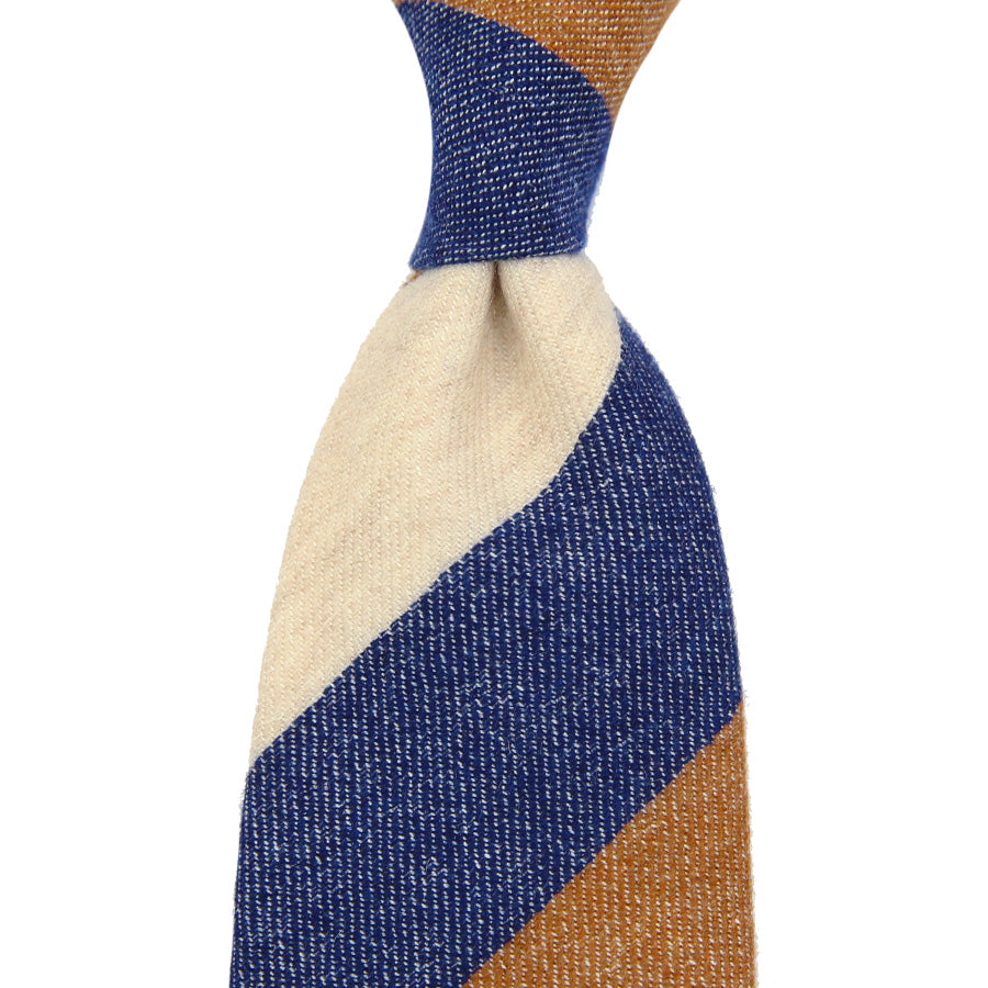 Triple Stripe Pure Cashmere Bespoke Tie - Oatmeal / Navy / Beige