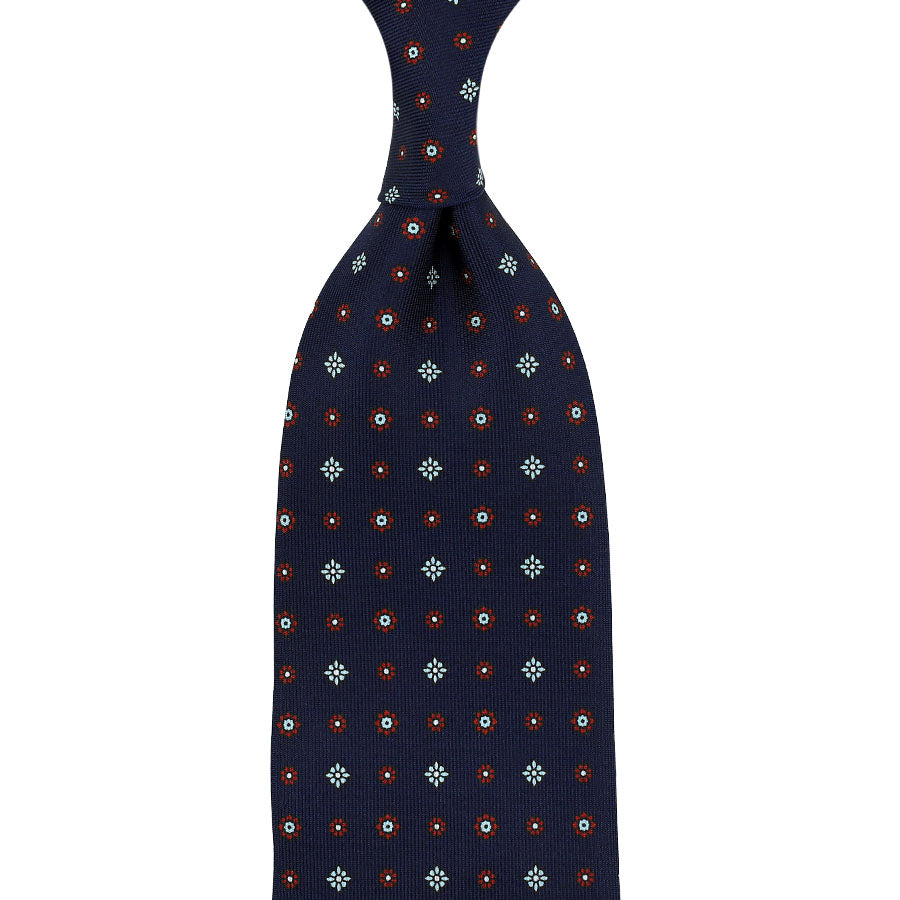 Floral Printed Silk Tie - Navy - Hand-Rolled