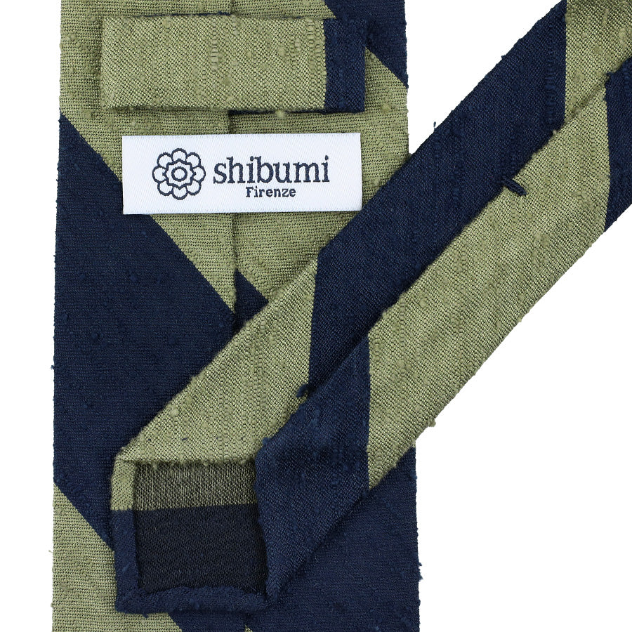 Block Stripe Shantung Silk Tie - Navy / Olive - Hand-Rolled