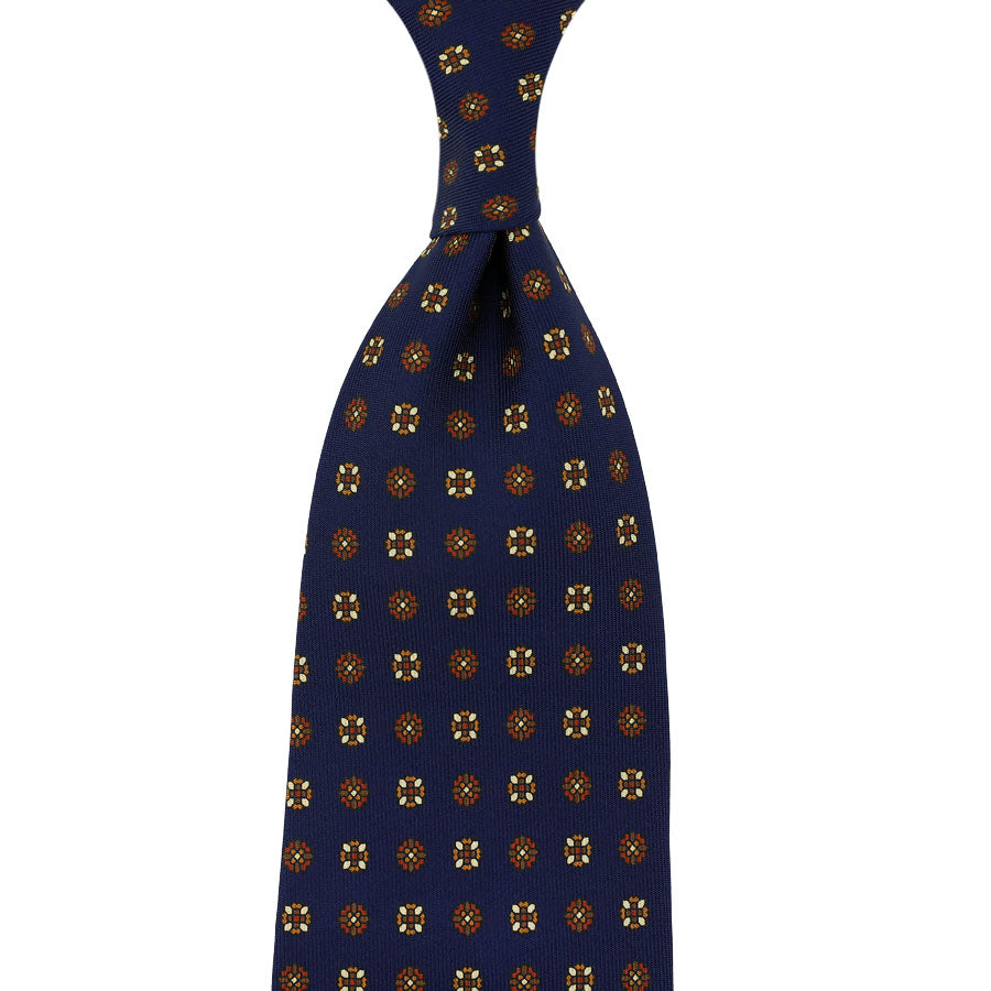 Floral Printed Silk Tie - Navy - Hand-Rolled