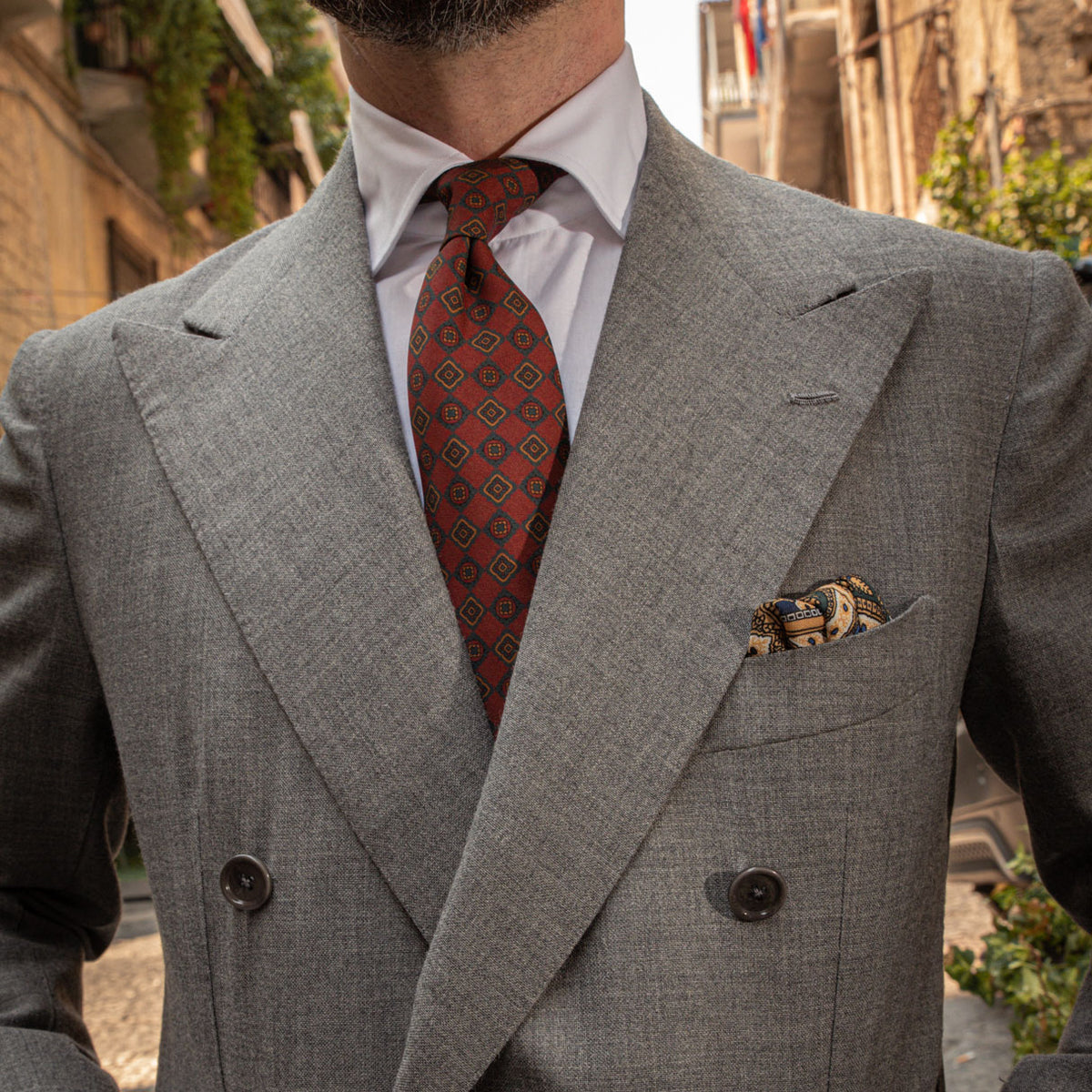 Paisley Motif Wool / Silk Pocket Square - Forest / Gold - 40x40cm