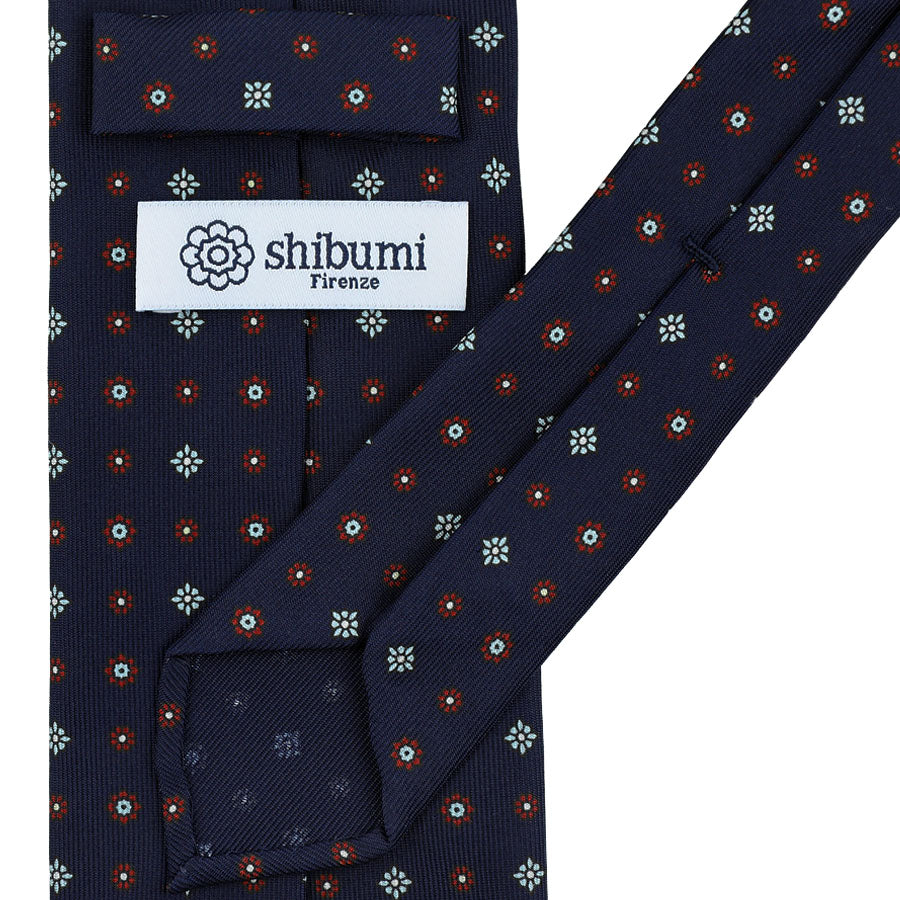 Floral Printed Silk Tie - Navy - Hand-Rolled