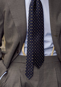 Floral Printed Silk Tie - Navy - Hand-Rolled