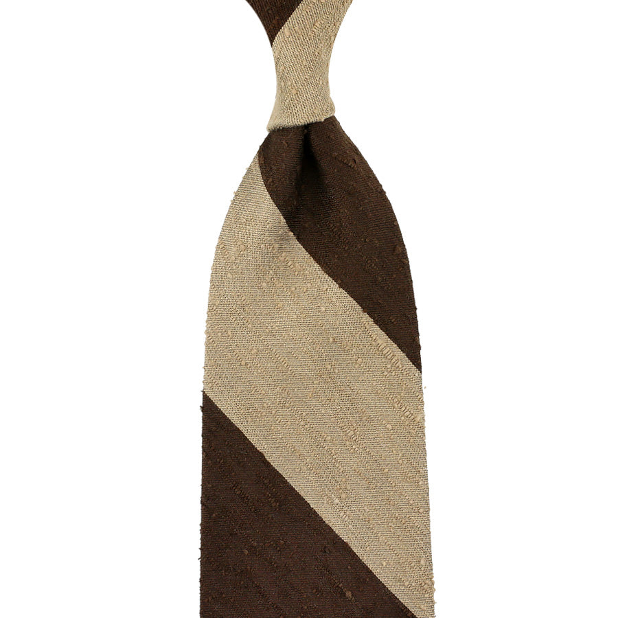 Block Stripe Shantung Silk Tie - Brown / Beige  - Hand-Rolled