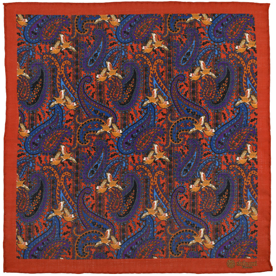 Paisley Motif Wool / Silk Pocket Square - Terracotta