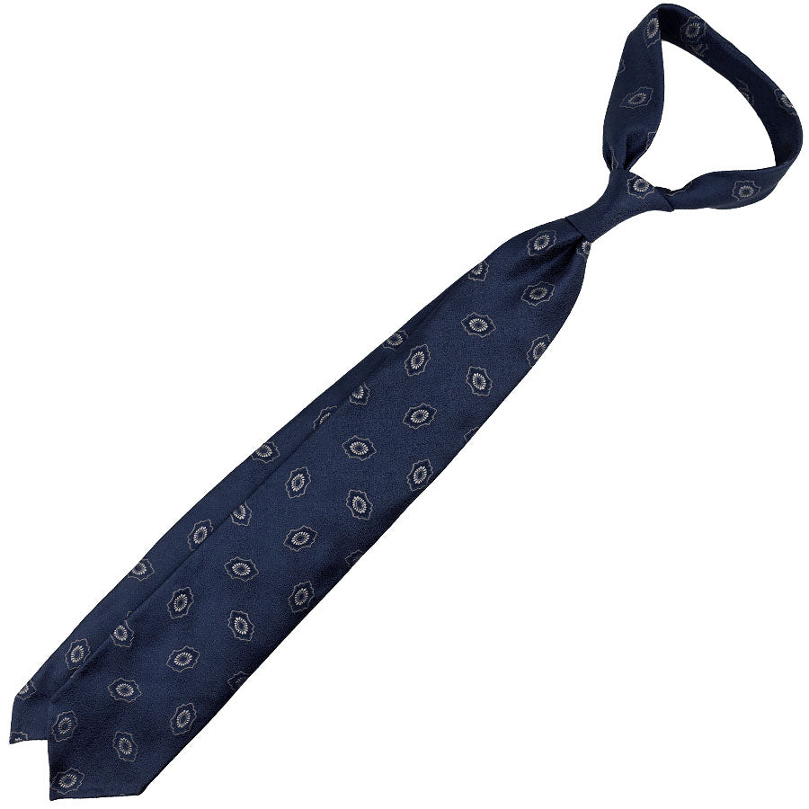 Geometrical Jacquard Silk Tie - Navy - Hand-Rolled