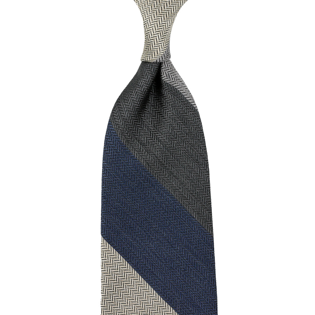 Striped Herringbone Silk Tie - Grey / Navy / Cream