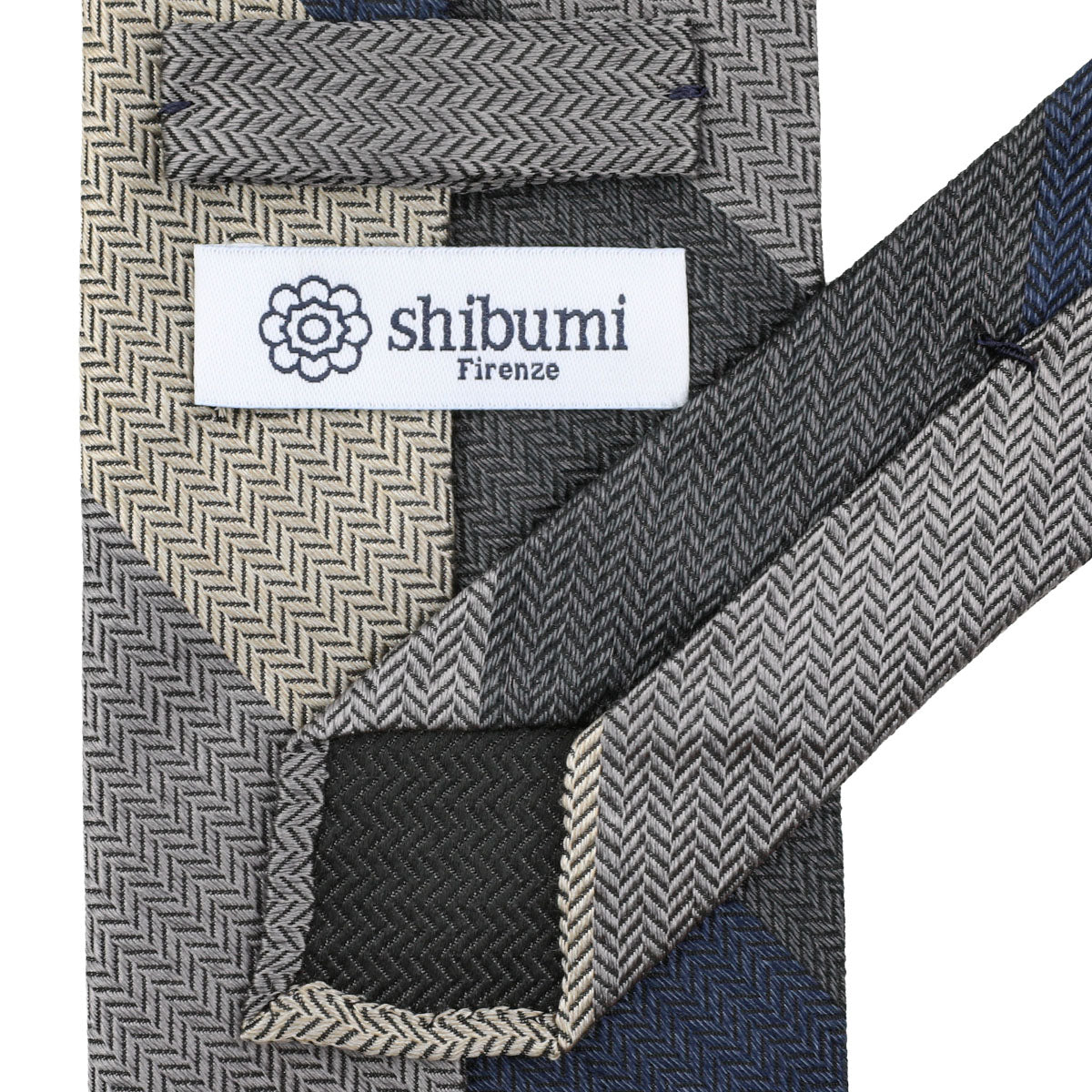 Striped Herringbone Silk Tie - Grey / Navy / Cream