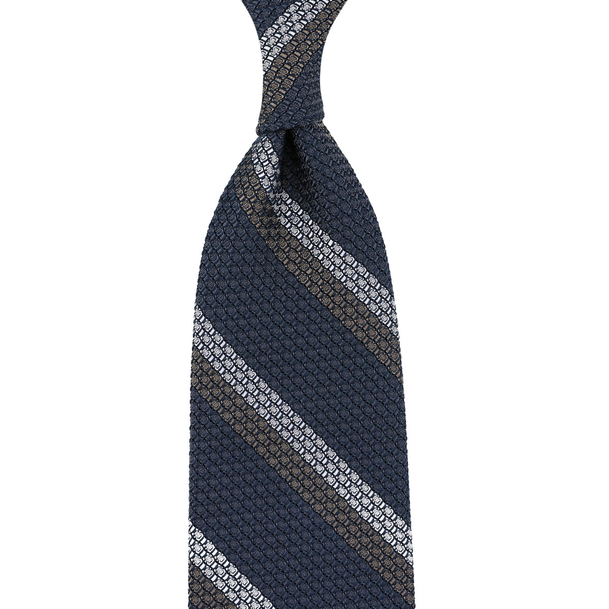 Striped Grossa Grenadine Silk Tie - Elephant / White / Taupe