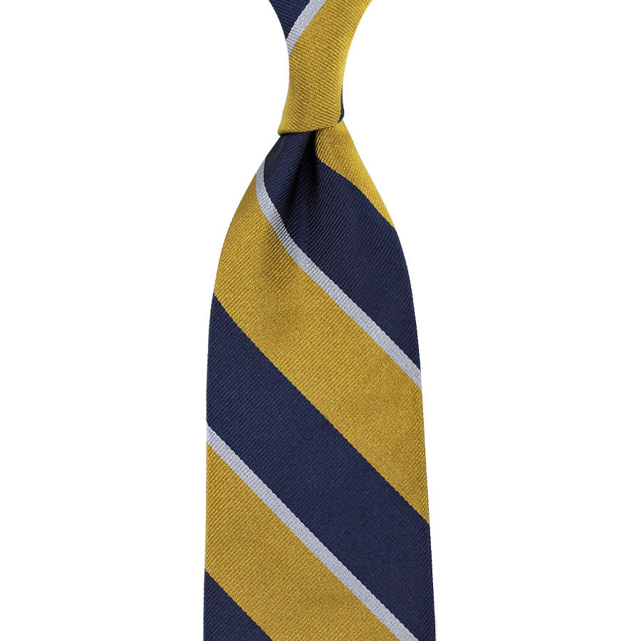 Repp Stripe Silk Tie - Navy / Gold / Grey - Hand-Rolled