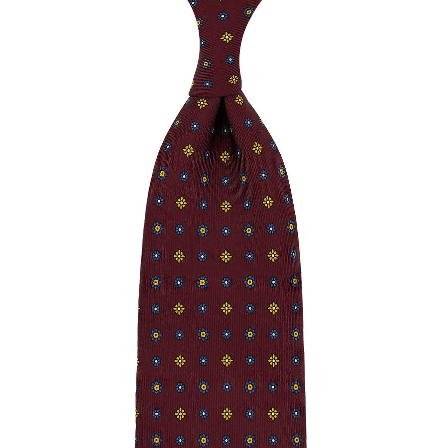 Floral Printed Silk Tie - Burgundy - Hand-Rolled