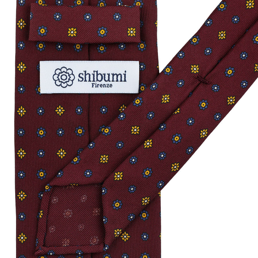 Floral Printed Silk Tie - Burgundy - Hand-Rolled