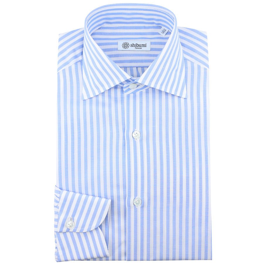 Cotton / Linen Semi Spread Shirt - White / Light Blue - Butcher Stripe