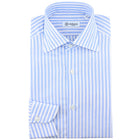 Cotton / Linen Semi Spread Shirt - White / Light Blue - Butcher Stripe