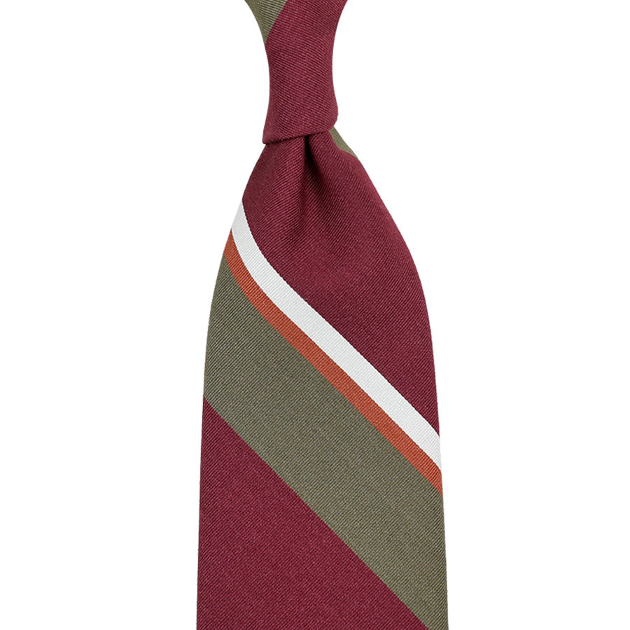 Striped Wool / Cotton Tie - Cherry / Olive - Hand-Rolled
