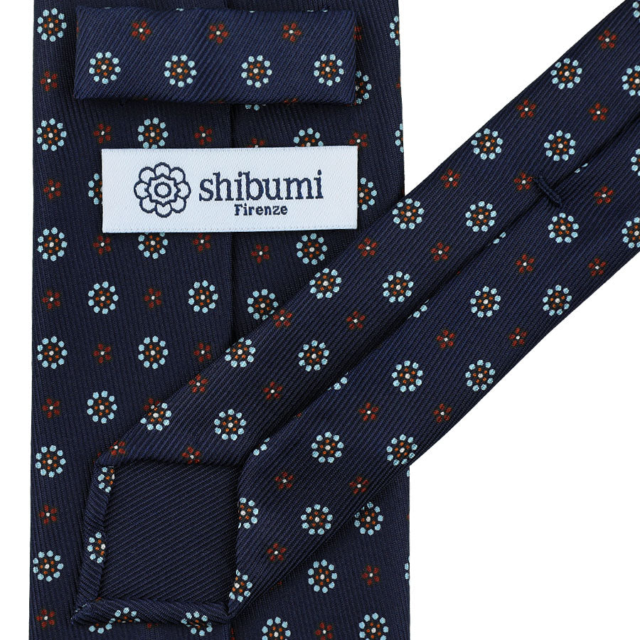 50oz Floral Printed Silk Tie - Navy - Hand-Rolled