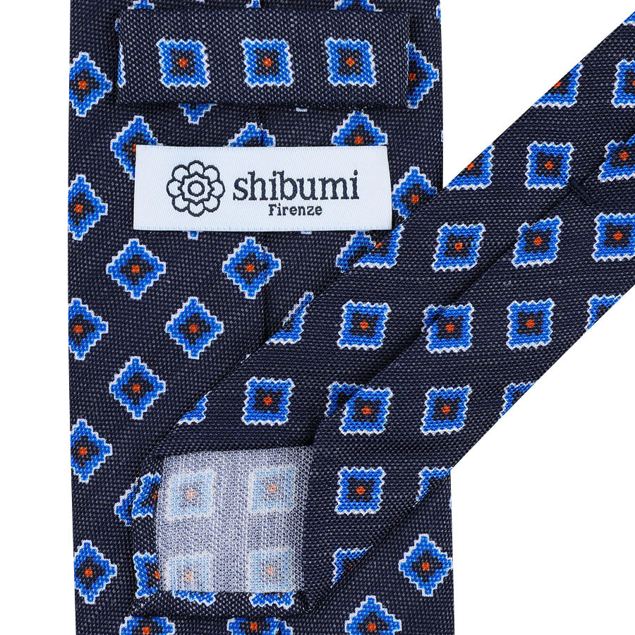 Floral Printed Silk / Linen Tie - Navy - Hand-Rolled