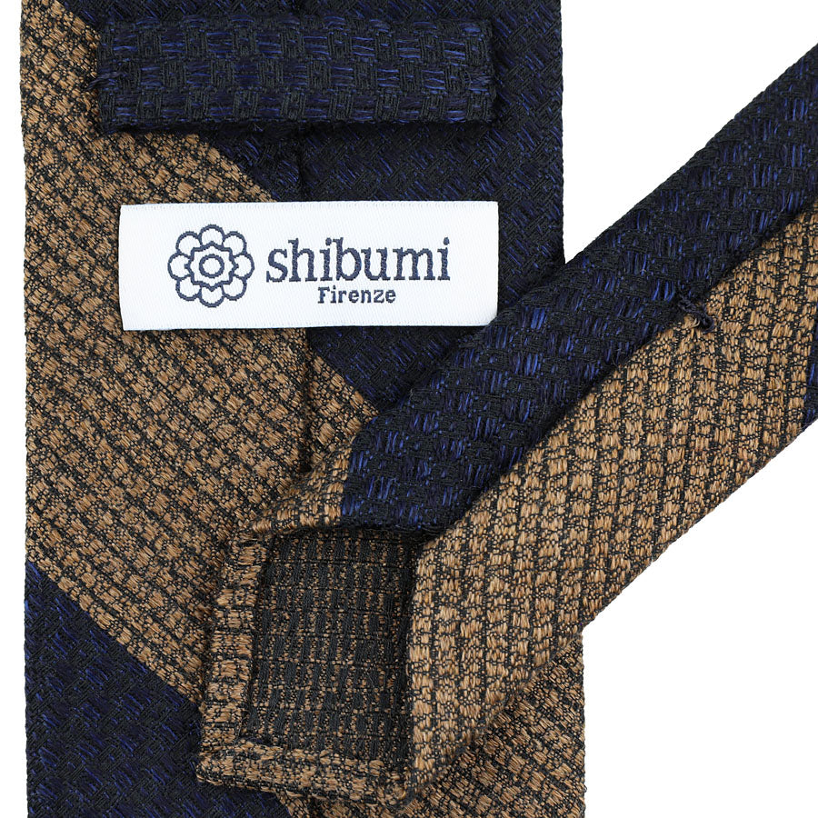 Block Stripe Silk / Wool / Cotton Tie - Navy / Beige