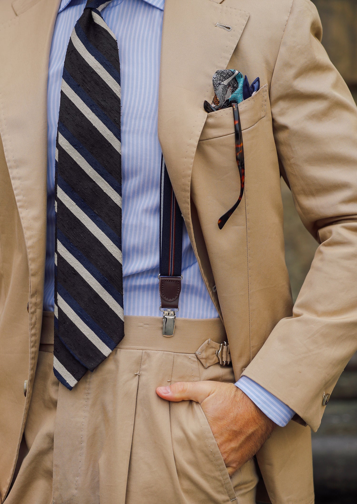 Striped Shantung Silk Tie - Chocolate / Navy / Cream