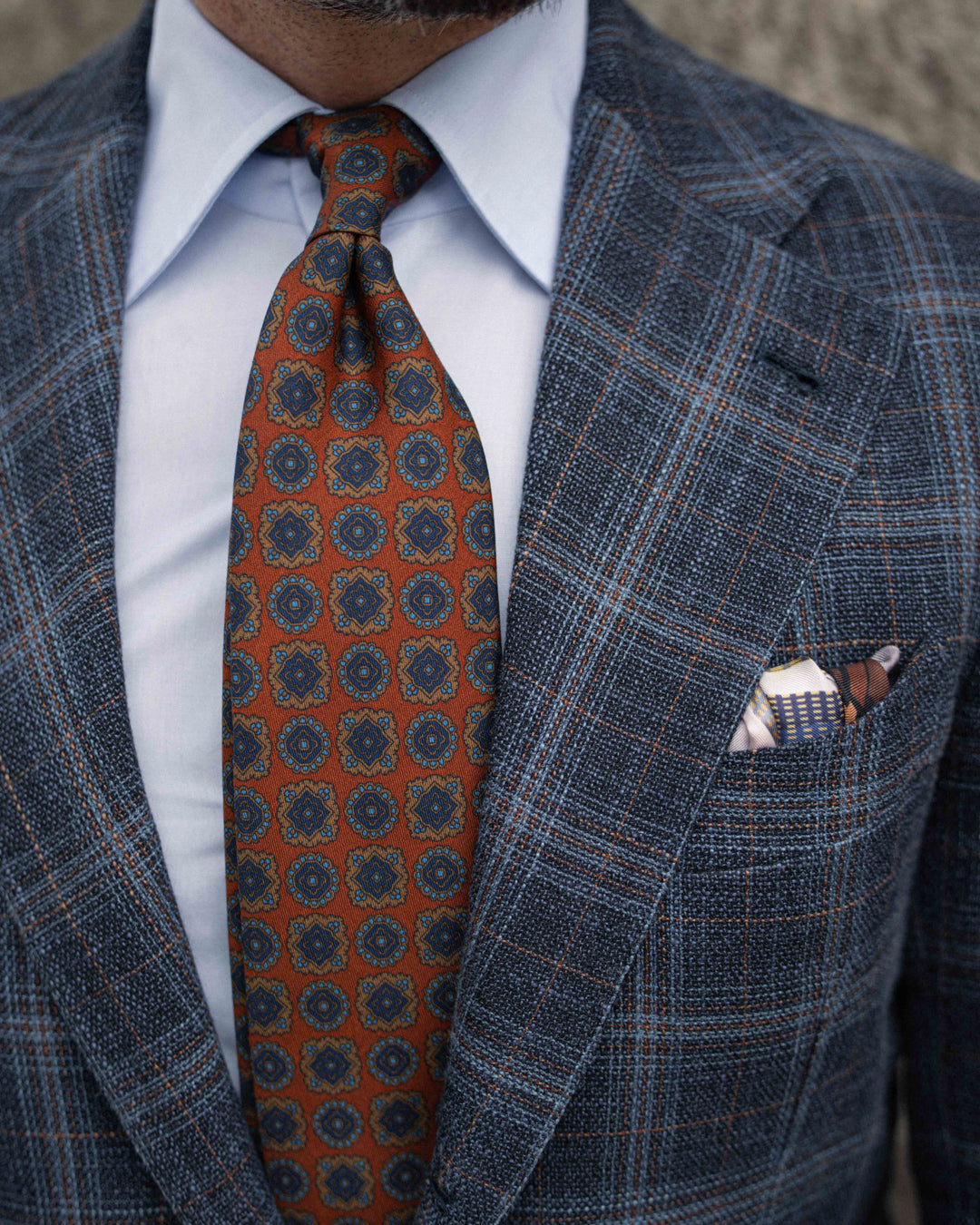 Floral Printed Silk / Wool Tie - Rust - Hand-Rolled