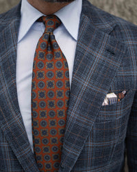 Floral Printed Silk / Wool Tie - Rust - Hand-Rolled